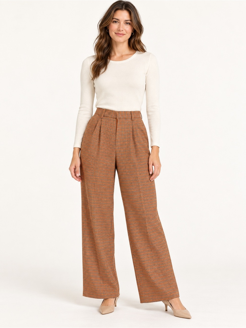 Wide-Leg Plaid Trousers in Brown